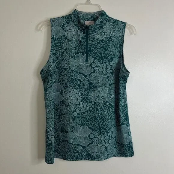 Tommy Bahama Golf Active Top L Green Floral 1/4 Zip Stretch Performance Casual - Picture 1 of 7